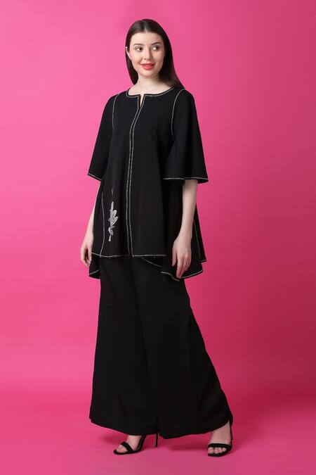 Manish Nagdeo Black Crepe Embroidery Floral Print Top And Wide Leg Pant Set For Kids at Aza Fashions Manish Nagdeo_Black Crepe Embroidery Floral Print Top And Wide Leg Pant Set For Kids_at_Aza_Fashions