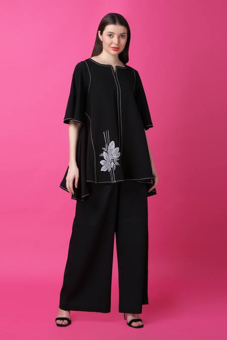 Shop Manish Nagdeo Black Crepe Embroidery Floral Print Top And Wide Leg Pant Set For Kids Shop_Manish Nagdeo_Black Crepe Embroidery Floral Print Top And Wide Leg Pant Set For Kids