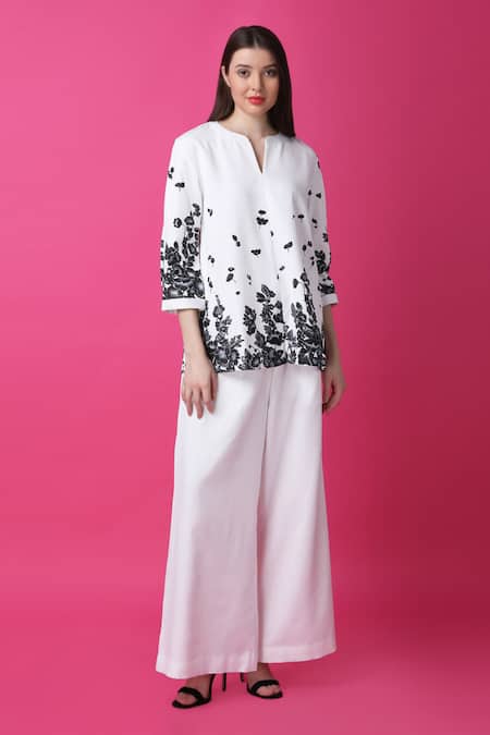 Manish Nagdeo White Crepe Embroidery Floral Print Top And Wide Leg Pant Set For Kids at Aza Fashions Manish Nagdeo_White Crepe Embroidery Floral Print Top And Wide Leg Pant Set For Kids_at_Aza_Fashions
