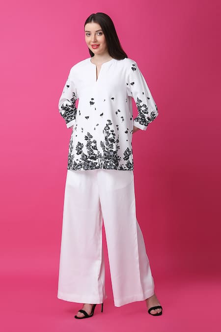 Shop Manish Nagdeo White Crepe Embroidery Floral Print Top And Wide Leg Pant Set For Kids Shop_Manish Nagdeo_White Crepe Embroidery Floral Print Top And Wide Leg Pant Set For Kids