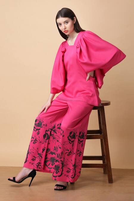 Manish Nagdeo Pink Crepe Embroidery Floral Printed Batwing Top And Wide Leg Pant For Kids Online at Aza Fashions Manish Nagdeo_Pink Crepe Embroidery Floral Printed Batwing Top And Wide Leg Pant For Kids_Online_at_Aza_Fashions