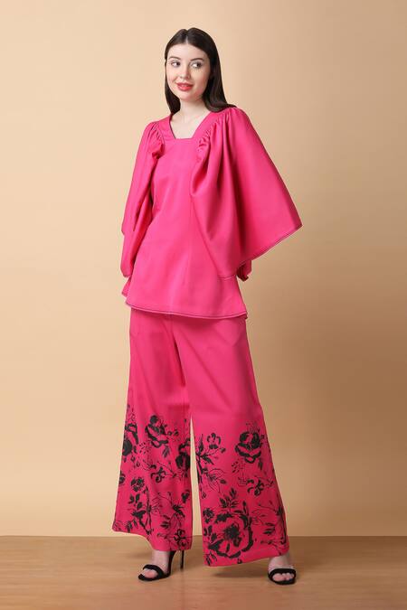 Buy Manish Nagdeo Pink Crepe Embroidery Floral Printed Batwing Top And Wide Leg Pant For Kids Online at Aza Fashions Buy_Manish Nagdeo_Pink Crepe Embroidery Floral Printed Batwing Top And Wide Leg Pant For Kids_Online_at_Aza_Fashions