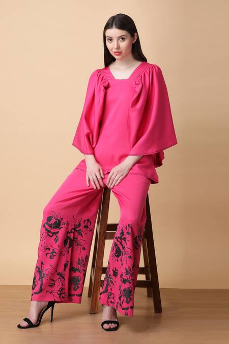 Manish Nagdeo Pink Crepe Embroidery Floral Printed Batwing Top And Wide Leg Pant For Kids at Aza Fashions Manish Nagdeo_Pink Crepe Embroidery Floral Printed Batwing Top And Wide Leg Pant For Kids_at_Aza_Fashions