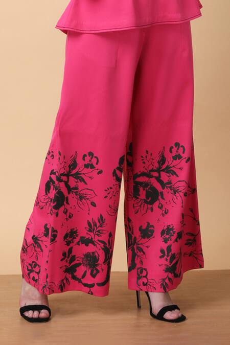 Shop Manish Nagdeo Pink Crepe Embroidery Floral Printed Batwing Top And Wide Leg Pant For Kids Shop_Manish Nagdeo_Pink Crepe Embroidery Floral Printed Batwing Top And Wide Leg Pant For Kids