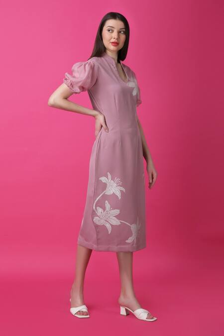 Manish Nagdeo Pink Crepe Embroidery Floral Print Sheath Dress For Kids Online at Aza Fashions Manish Nagdeo_Pink Crepe Embroidery Floral Print Sheath Dress For Kids_Online_at_Aza_Fashions