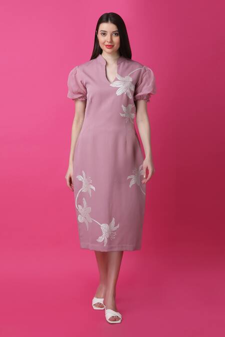 Manish Nagdeo Pink Crepe Embroidery Floral Print Sheath Dress For Kids at Aza Fashions Manish Nagdeo_Pink Crepe Embroidery Floral Print Sheath Dress For Kids_at_Aza_Fashions