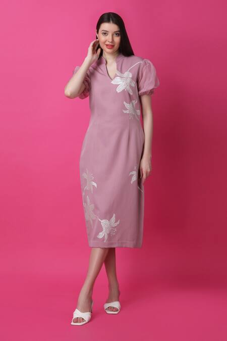 Shop Manish Nagdeo Pink Crepe Embroidery Floral Print Sheath Dress For Kids Shop_Manish Nagdeo_Pink Crepe Embroidery Floral Print Sheath Dress For Kids