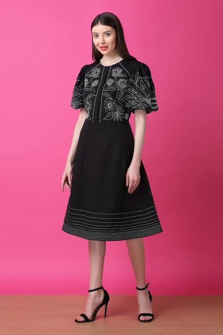 Shop Manish Nagdeo Black Crepe Embroidery Floral A-line Dress For Kids Online at Aza Fashions Shop_Manish Nagdeo_Black Crepe Embroidery Floral A-line Dress For Kids_Online_at_Aza_Fashions
