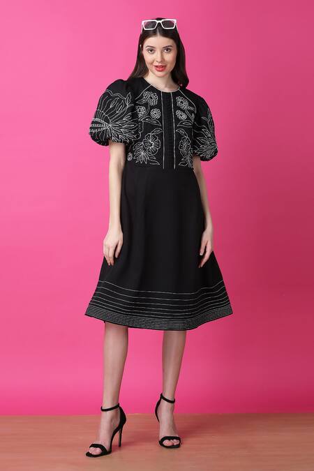 Manish Nagdeo Black Crepe Embroidery Floral A-line Dress For Kids at Aza Fashions Manish Nagdeo_Black Crepe Embroidery Floral A-line Dress For Kids_at_Aza_Fashions