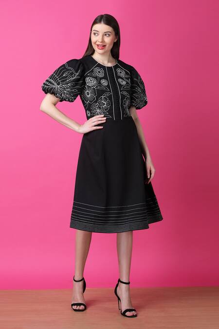 Buy Manish Nagdeo Black Crepe Embroidery Floral A-line Dress For Kids Buy_Manish Nagdeo_Black Crepe Embroidery Floral A-line Dress For Kids