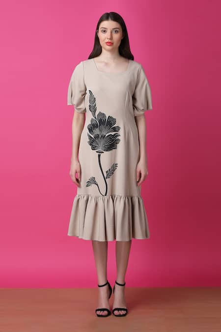 Manish Nagdeo Beige Crepe Floral Print Ruffle Dress For Kids Online at Aza Fashions Manish Nagdeo_Beige Crepe Floral Print Ruffle Dress For Kids_Online_at_Aza_Fashions