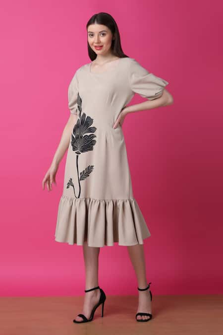 Manish Nagdeo Beige Crepe Floral Print Ruffle Dress For Kids at Aza Fashions Manish Nagdeo_Beige Crepe Floral Print Ruffle Dress For Kids_at_Aza_Fashions