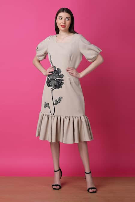 Buy Manish Nagdeo Beige Crepe Floral Print Ruffle Dress For Kids Buy_Manish Nagdeo_Beige Crepe Floral Print Ruffle Dress For Kids