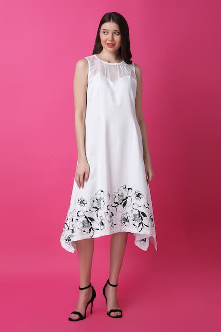 Manish Nagdeo White Luxury Crepe Print Floral Round Assymetric Cloud Dance Dress 