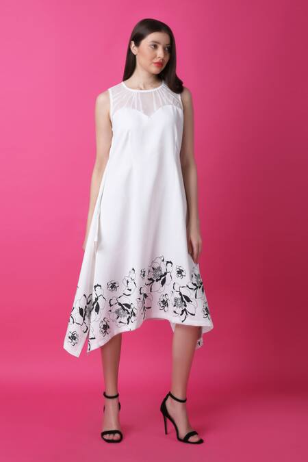 Manish Nagdeo White Crepe Floral Print Asymmetric Dress For Kids Online at Aza Fashions Manish Nagdeo_White Crepe Floral Print Asymmetric Dress For Kids_Online_at_Aza_Fashions
