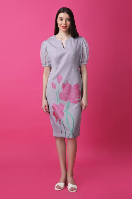 Manish Nagdeo_Purple Crepe Embroidery Open Neck Mystic Lotus Print Dress _Online_at_Aza_Fashions