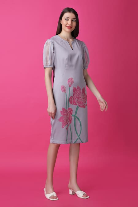 Buy_Manish Nagdeo_Purple Crepe Embroidery Open Neck Mystic Lotus Print Dress _Online_at_Aza_Fashions