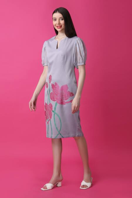 Shop_Manish Nagdeo_Purple Crepe Embroidery Open Neck Mystic Lotus Print Dress _Online_at_Aza_Fashions