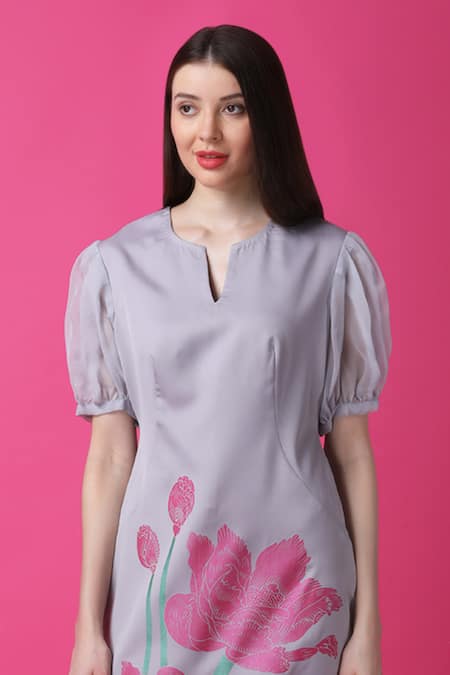 Manish Nagdeo_Purple Crepe Embroidery Open Neck Mystic Lotus Print Dress _at_Aza_Fashions