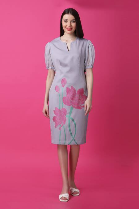 Buy_Manish Nagdeo_Purple Crepe Embroidery Open Neck Mystic Lotus Print Dress 