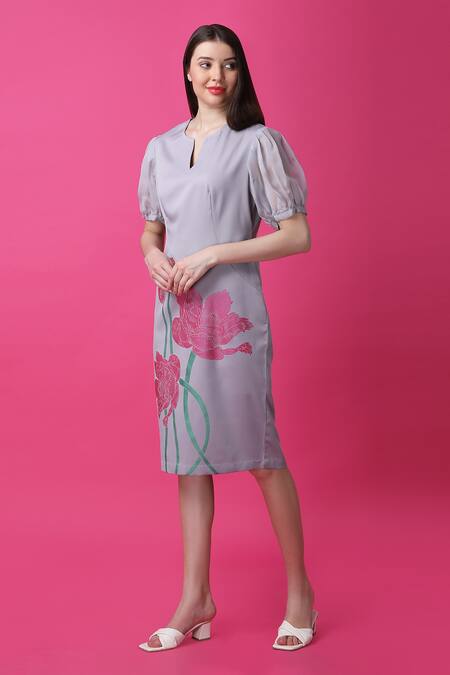 Shop_Manish Nagdeo_Purple Crepe Embroidery Open Neck Mystic Lotus Print Dress 