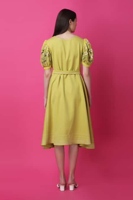 Shop_Manish Nagdeo_Green Crepe Embroidery Round Neck Limelight Floral Dress _at_Aza_Fashions