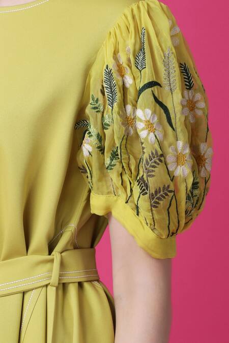 Manish Nagdeo_Green Crepe Embroidery Round Neck Limelight Floral Dress _Online_at_Aza_Fashions