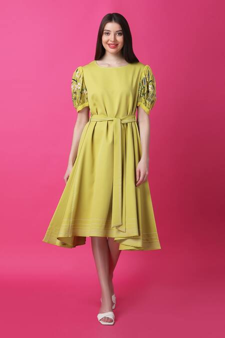Buy_Manish Nagdeo_Green Crepe Embroidery Round Neck Limelight Floral Dress _Online_at_Aza_Fashions