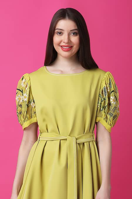 Shop_Manish Nagdeo_Green Crepe Embroidery Round Neck Limelight Floral Dress _Online_at_Aza_Fashions