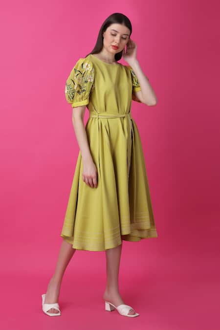 Manish Nagdeo_Green Crepe Embroidery Round Neck Limelight Floral Dress _at_Aza_Fashions