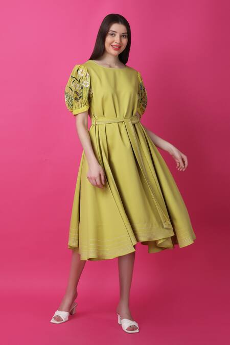 Buy_Manish Nagdeo_Green Crepe Embroidery Round Neck Limelight Floral Dress 