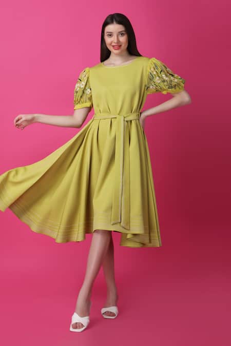 Shop_Manish Nagdeo_Green Crepe Embroidery Round Neck Limelight Floral Dress 