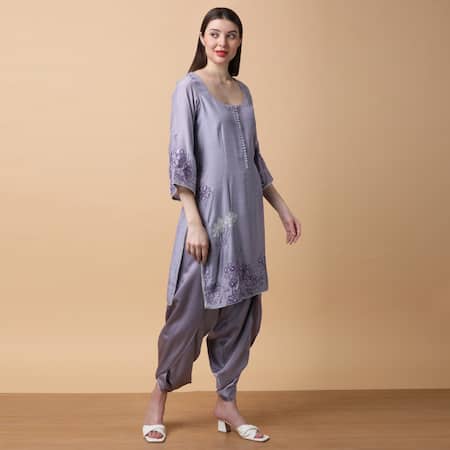 Shop Manish Nagdeo Purple Bamboo, Muslin, Crepe, Georgette Embroidery Floral Kurta And Dhoti Set For Kids Online at Aza Fashions Shop_Manish Nagdeo_Purple Bamboo, Muslin, Crepe, Georgette Embroidery Floral Kurta And Dhoti Set For Kids_Online_at_Aza_Fashions