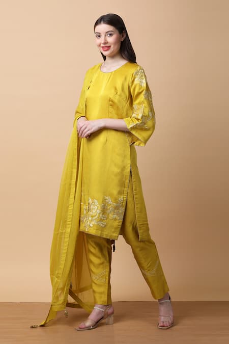 Manish Nagdeo Yellow Linen, Silk, Chiffon Embroidery Floral Dori Kurta And Pant Set For Kids Online at Aza Fashions Manish Nagdeo_Yellow Linen, Silk, Chiffon Embroidery Floral Dori Kurta And Pant Set For Kids_Online_at_Aza_Fashions