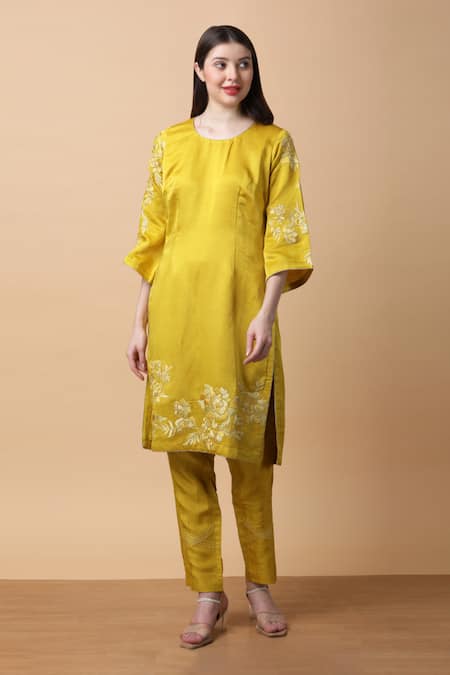 Buy Manish Nagdeo Yellow Linen, Silk, Chiffon Embroidery Floral Dori Kurta And Pant Set For Kids Online at Aza Fashions Buy_Manish Nagdeo_Yellow Linen, Silk, Chiffon Embroidery Floral Dori Kurta And Pant Set For Kids_Online_at_Aza_Fashions