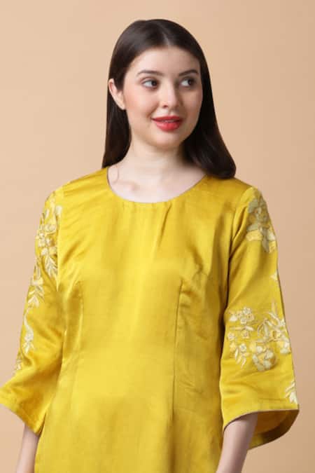 Shop Manish Nagdeo Yellow Linen, Silk, Chiffon Embroidery Floral Dori Kurta And Pant Set For Kids Online at Aza Fashions Shop_Manish Nagdeo_Yellow Linen, Silk, Chiffon Embroidery Floral Dori Kurta And Pant Set For Kids_Online_at_Aza_Fashions