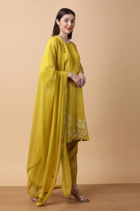 Buy Manish Nagdeo Yellow Linen, Silk, Chiffon Embroidery Floral Dori Kurta And Pant Set For Kids Buy_Manish Nagdeo_Yellow Linen, Silk, Chiffon Embroidery Floral Dori Kurta And Pant Set For Kids