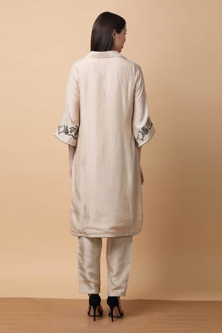 Manish Nagdeo Beige Floral Embroidered Kurta & Pant Set For Kids