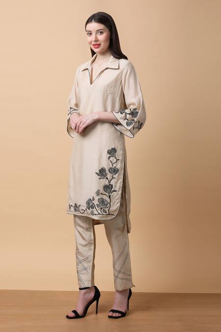 Manish Nagdeo Beige Bamboo, Muslin, Silk Embroidery Floral Kurta And Pant Set For Kids Online at Aza Fashions Manish Nagdeo_Beige Bamboo, Muslin, Silk Embroidery Floral Kurta And Pant Set For Kids_Online_at_Aza_Fashions