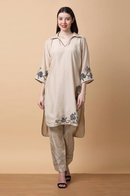Buy Manish Nagdeo Beige Bamboo, Muslin, Silk Embroidery Floral Kurta And Pant Set For Kids Online at Aza Fashions Buy_Manish Nagdeo_Beige Bamboo, Muslin, Silk Embroidery Floral Kurta And Pant Set For Kids_Online_at_Aza_Fashions