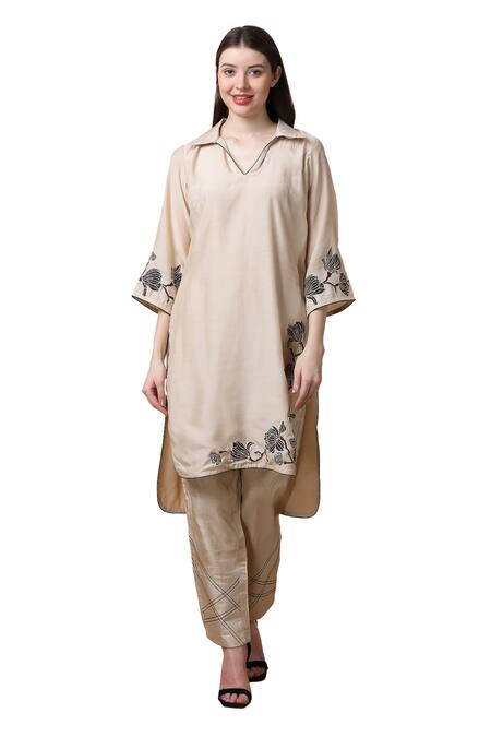 Shop Manish Nagdeo Beige Bamboo, Muslin, Silk Embroidery Floral Kurta And Pant Set For Kids Online at Aza Fashions Shop_Manish Nagdeo_Beige Bamboo, Muslin, Silk Embroidery Floral Kurta And Pant Set For Kids_Online_at_Aza_Fashions