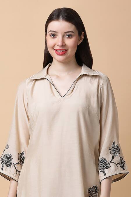 Manish Nagdeo Beige Bamboo, Muslin, Silk Embroidery Floral Kurta And Pant Set For Kids at Aza Fashions Manish Nagdeo_Beige Bamboo, Muslin, Silk Embroidery Floral Kurta And Pant Set For Kids_at_Aza_Fashions