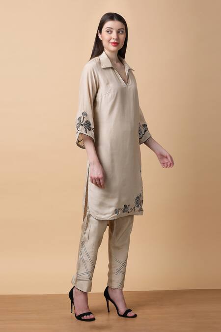 Shop Manish Nagdeo Beige Bamboo, Muslin, Silk Embroidery Floral Kurta And Pant Set For Kids Shop_Manish Nagdeo_Beige Bamboo, Muslin, Silk Embroidery Floral Kurta And Pant Set For Kids