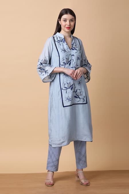 Manish Nagdeo Blue Bamboo, Cotton Embroidery Floral Thread Kurta Set For Kids Online at Aza Fashions Manish Nagdeo_Blue Bamboo, Cotton Embroidery Floral Thread Kurta Set For Kids_Online_at_Aza_Fashions