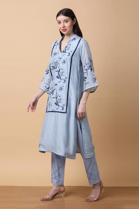 Buy Manish Nagdeo Blue Bamboo, Cotton Embroidery Floral Thread Kurta Set For Kids Online at Aza Fashions Buy_Manish Nagdeo_Blue Bamboo, Cotton Embroidery Floral Thread Kurta Set For Kids_Online_at_Aza_Fashions