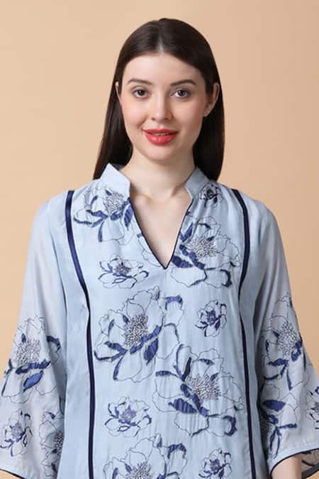 Shop Manish Nagdeo Blue Bamboo, Cotton Embroidery Floral Thread Kurta Set For Kids Online at Aza Fashions Shop_Manish Nagdeo_Blue Bamboo, Cotton Embroidery Floral Thread Kurta Set For Kids_Online_at_Aza_Fashions