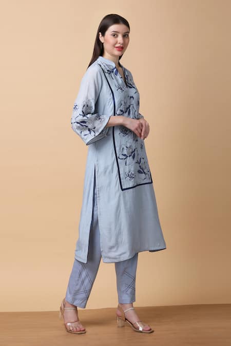 Buy Manish Nagdeo Blue Bamboo, Cotton Embroidery Floral Thread Kurta Set For Kids Buy_Manish Nagdeo_Blue Bamboo, Cotton Embroidery Floral Thread Kurta Set For Kids