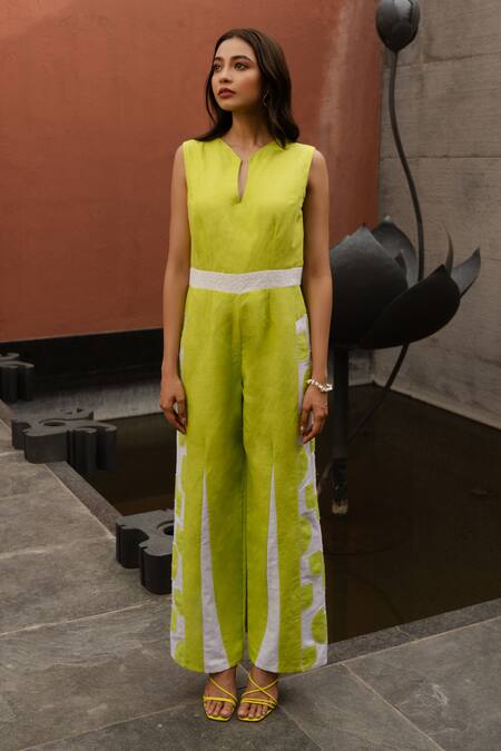 Rivi_Green Hemp Patchwork Keyhole Neck Ablaze Colour Blocked Jumpsuit _Online_at_Aza_Fashions
