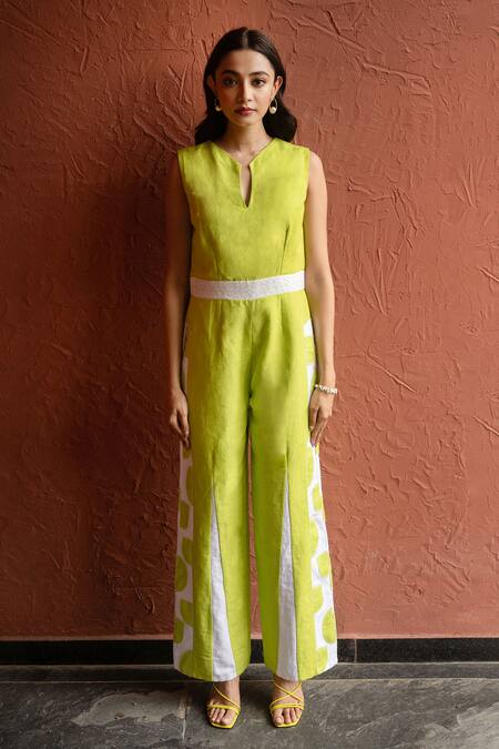 Shop_Rivi_Green Hemp Patchwork Keyhole Neck Ablaze Colour Blocked Jumpsuit _Online_at_Aza_Fashions