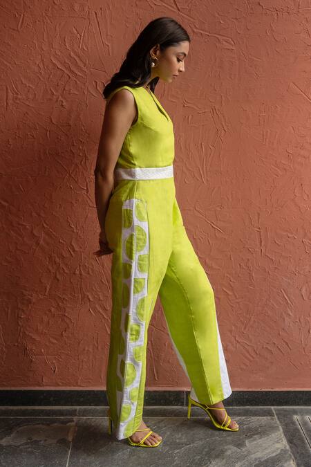 Rivi_Green Hemp Patchwork Keyhole Neck Ablaze Colour Blocked Jumpsuit _at_Aza_Fashions